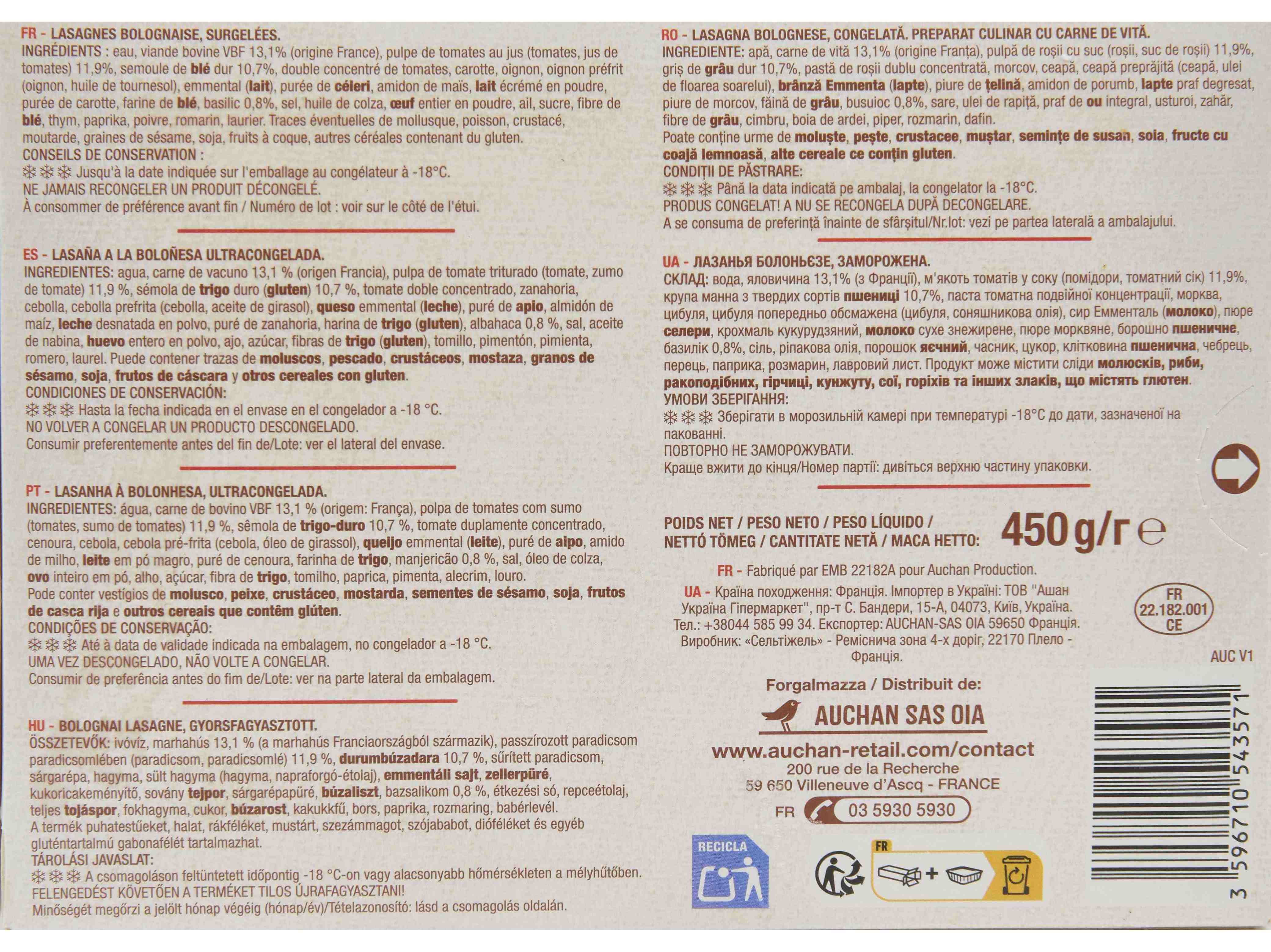 LASANHA AUCHAN À BOLONHESA XXL 450G