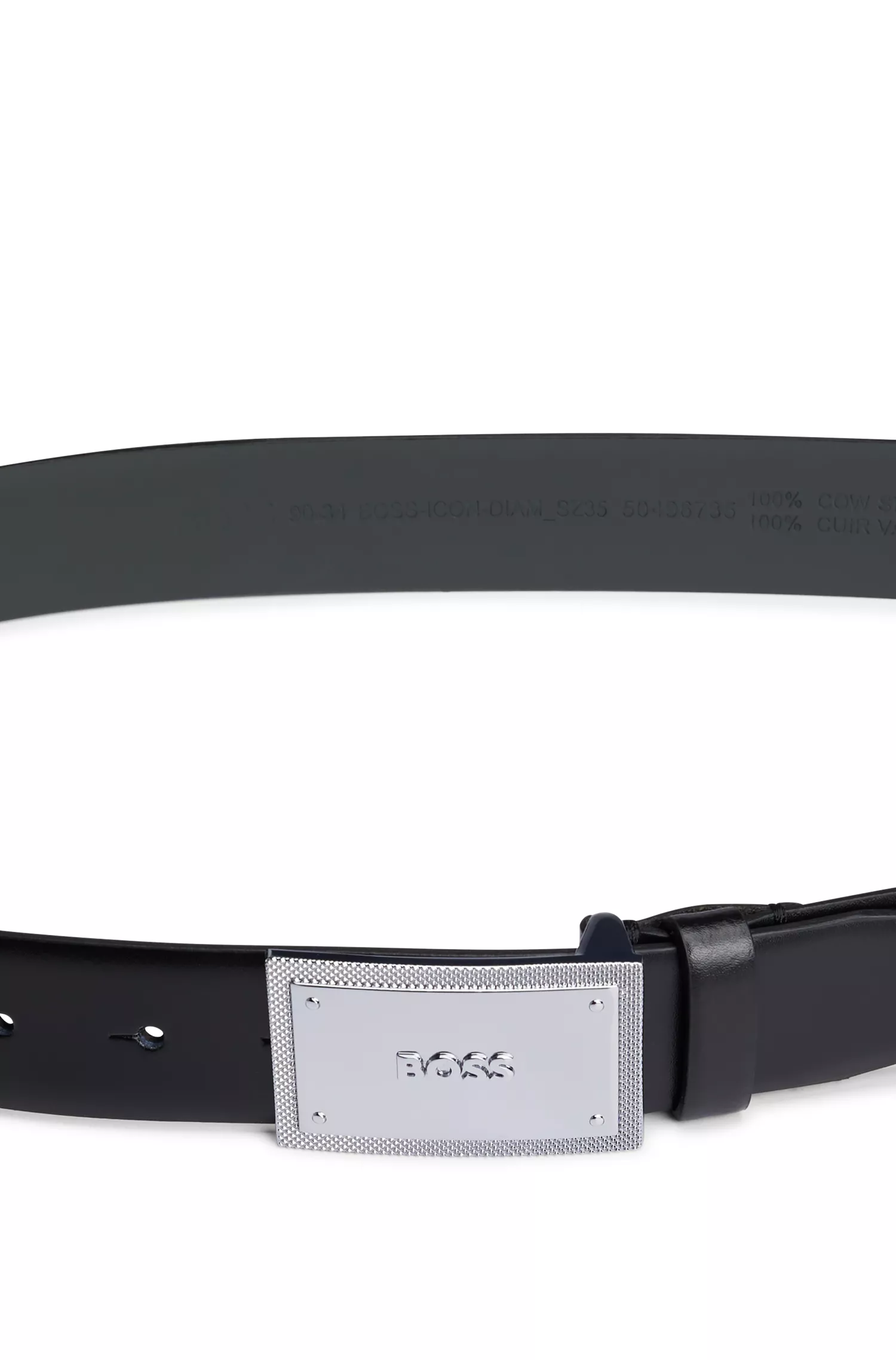 Cinto BOSS em couro italiano preto com fivela de placa com a marca.