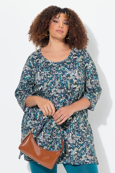 Longshirt, Blüten, A-Linie, Rundhals, 3/4-Arm