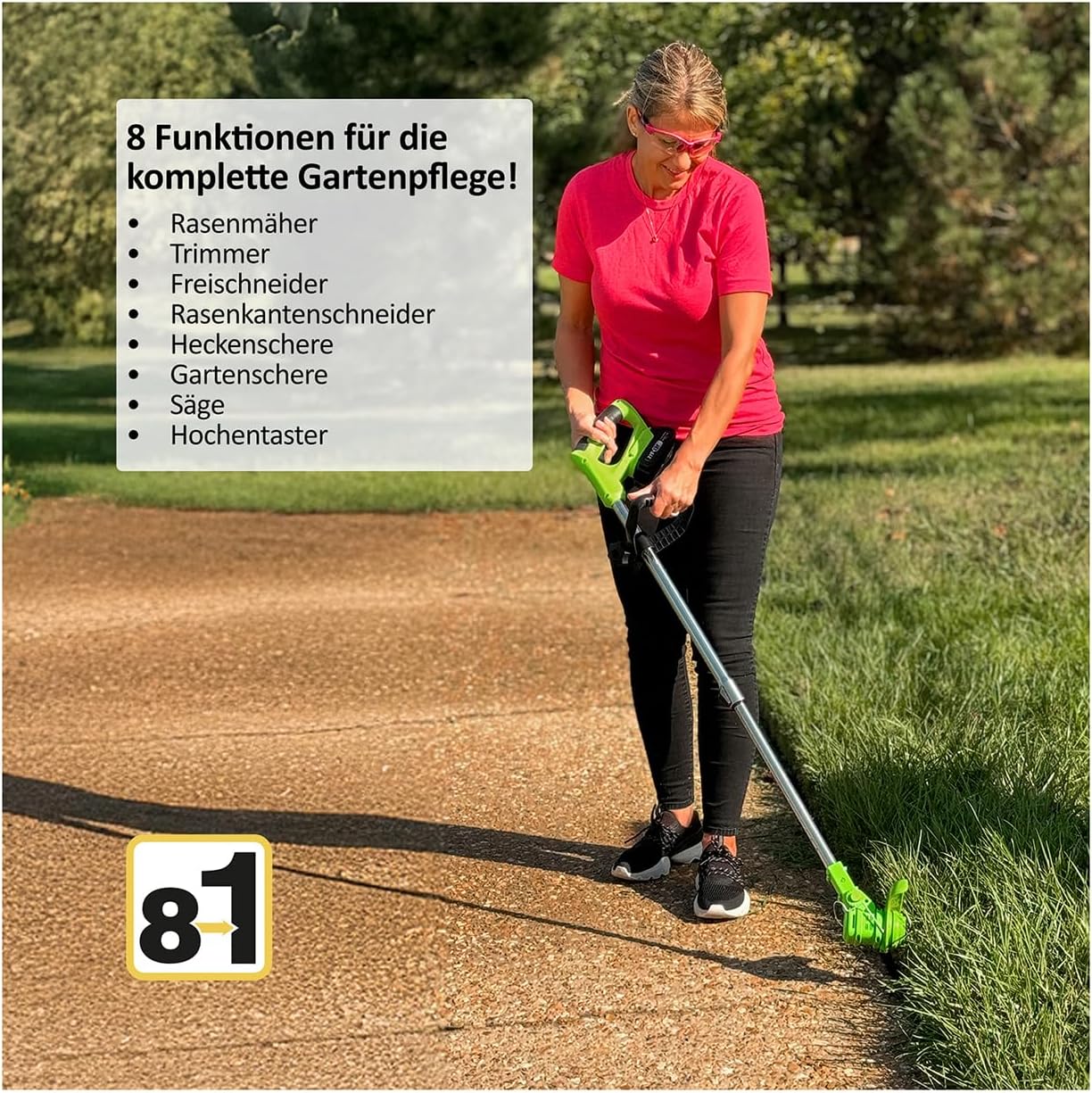 Rotorazer 8in1 Akku Gartengerät Rasentrimmer Set 22-TLG. – Rasenkantenschneider & Freischneider mit 1 Akku, Verstellbarer Schnitttiefe, 7 Präzisionsklingen, Teleskopstange, Gartenpflege