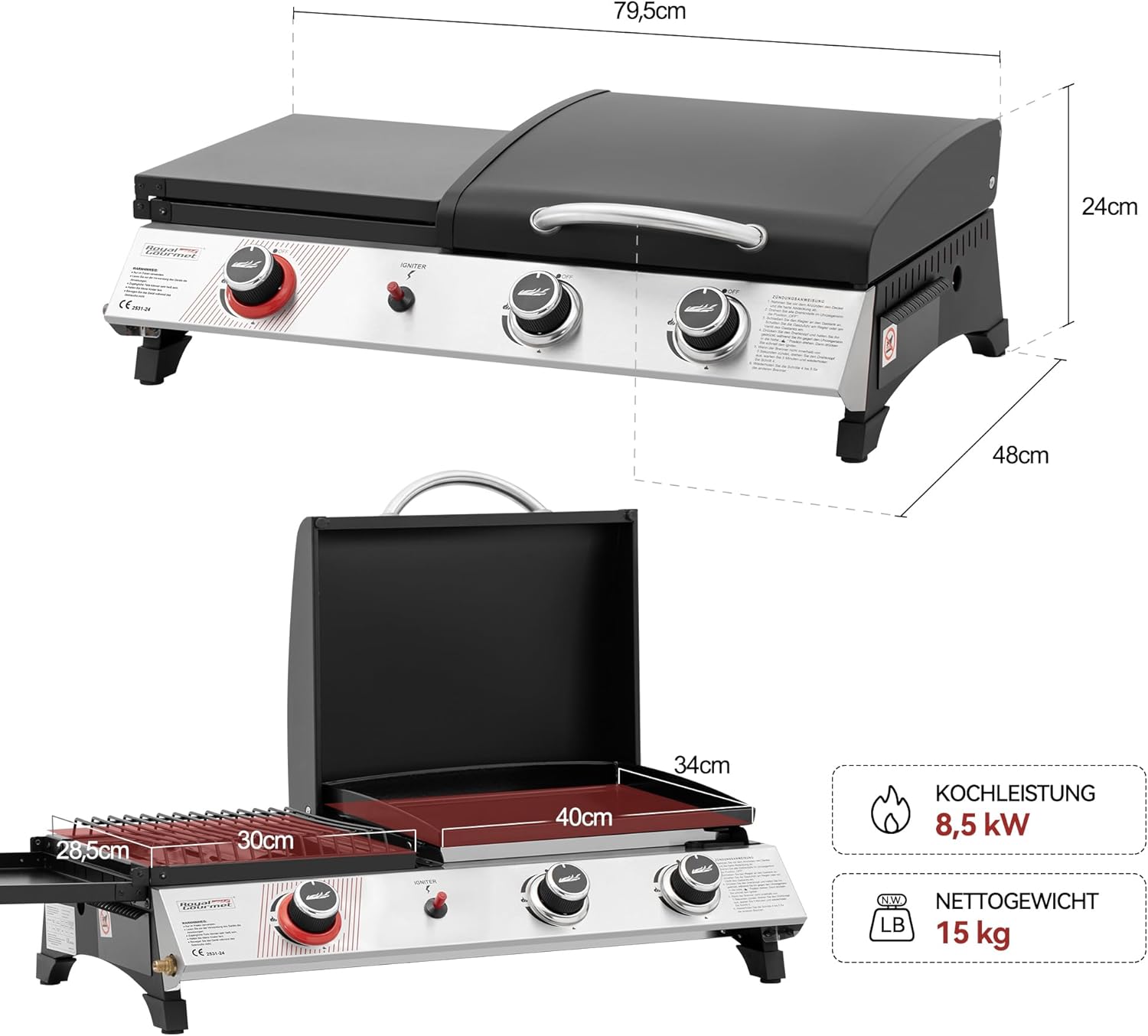Royal Gourmet 3 Brenner Gasgrill, 3 in 1 Tischgrill mit Grillen, Braten, Kochen, Campinggrill mit Klappbare Seitenablage, Tragbarer Picknickgrill mit 8,5 kW Schwarz