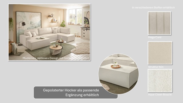 GOODproduct Wohnlandschaft »FINNLEY, U-Form XXL 329 cm, Schlafsofa, Schlaffunktion m. Bettkasten« verfügbar in den Stoffqualitäten Bouclé, Struktur fein und Mega Cord