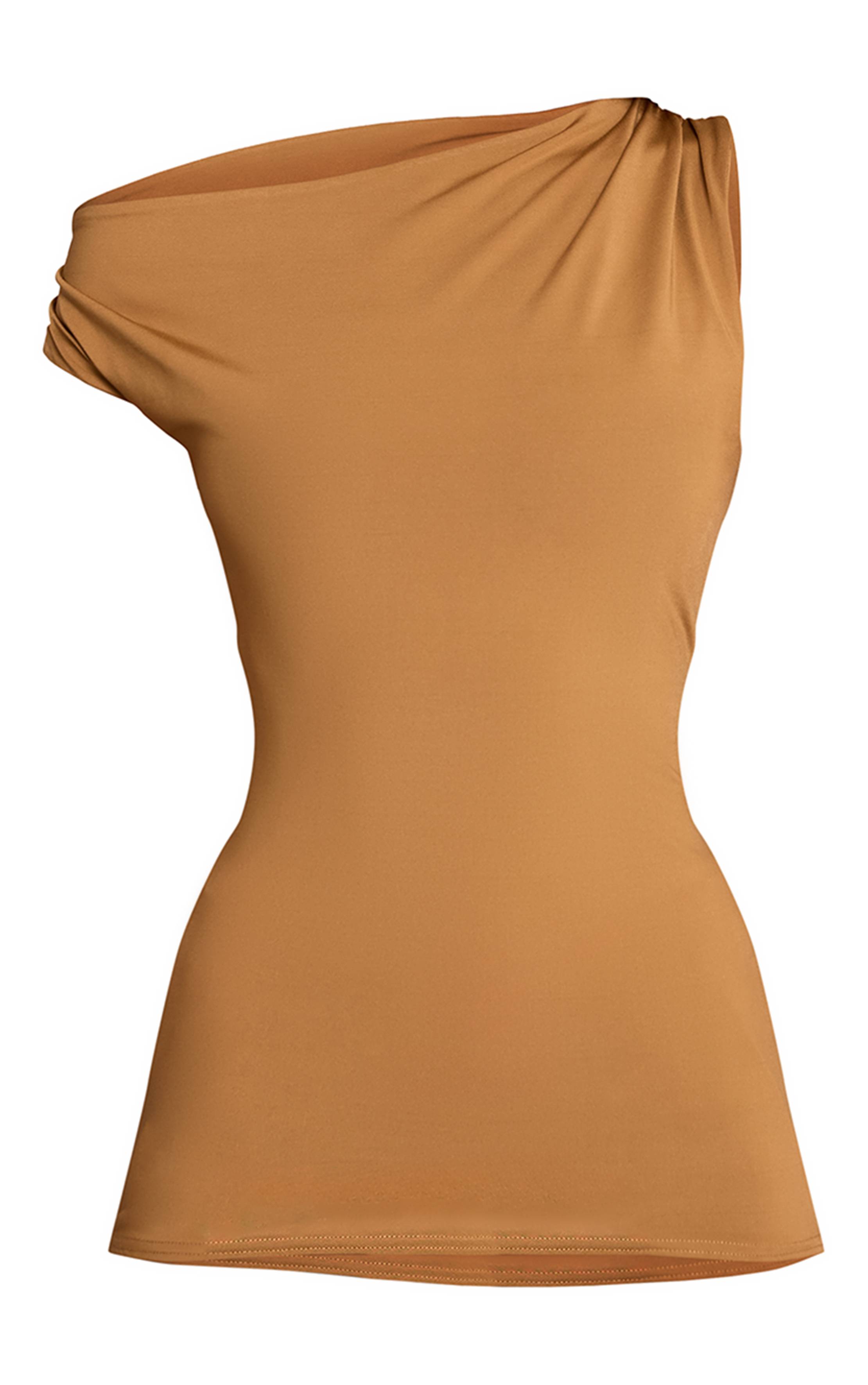 Marron Haut Long Asymétrique Froncé À Imprimé Abstrait En Tissu Slinky