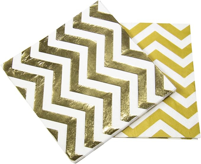 (20er Set) 33x33cm Einweg Servietten Party Tisch Deko Zickzack Design - Weiss / Gold