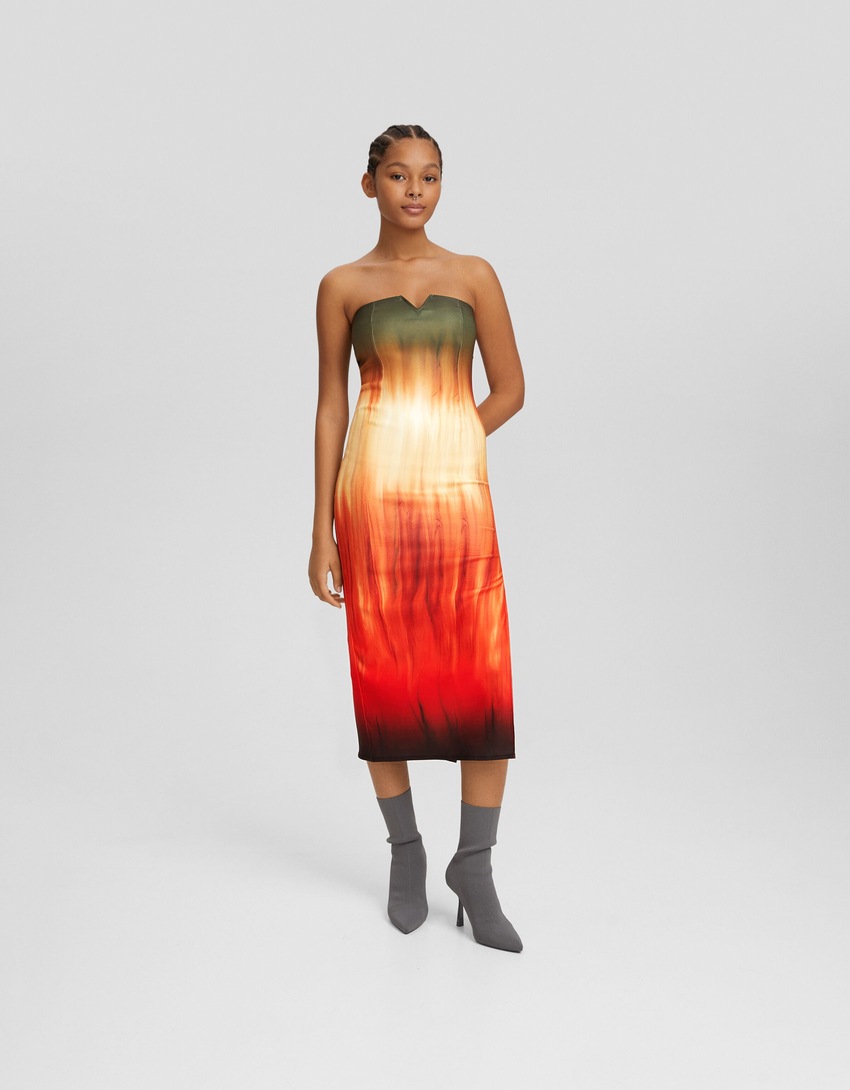 Vestido midi bandeau com estampa bengaline