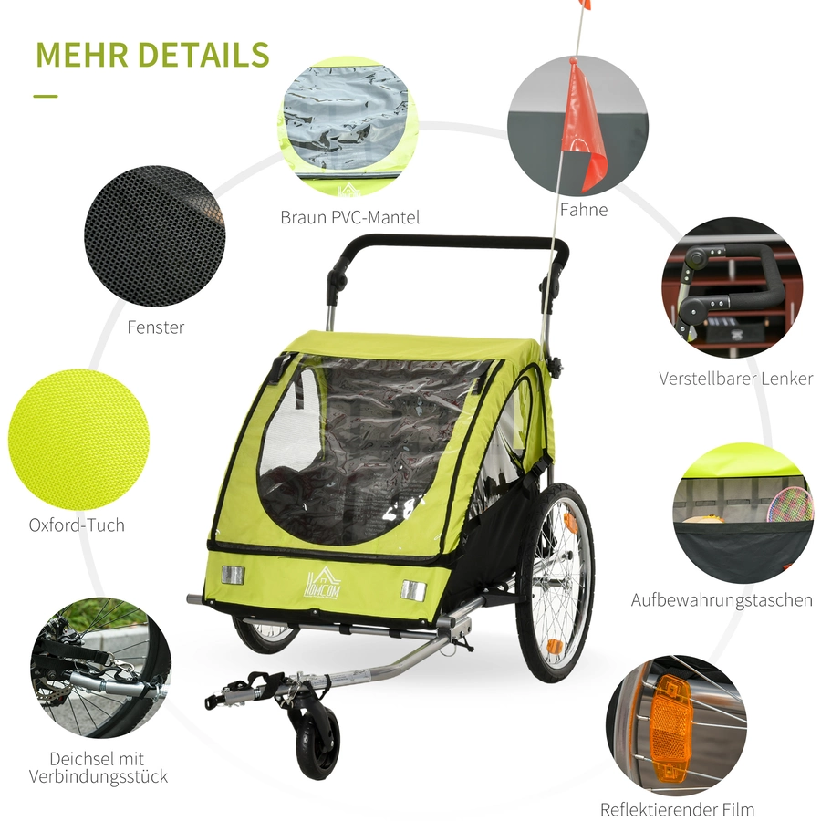 HOMCOM 2-in1 Fahrradanhänger mit Platz für 2 Kinder grünschwarz