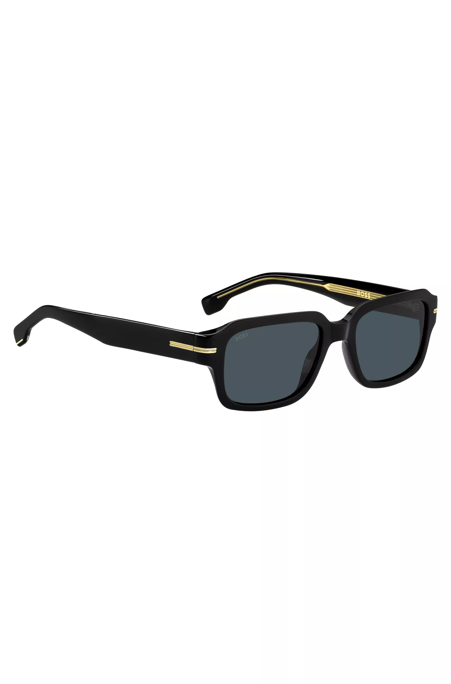 Óculos de sol BOSS em acetato preto com detalhes em dourado.