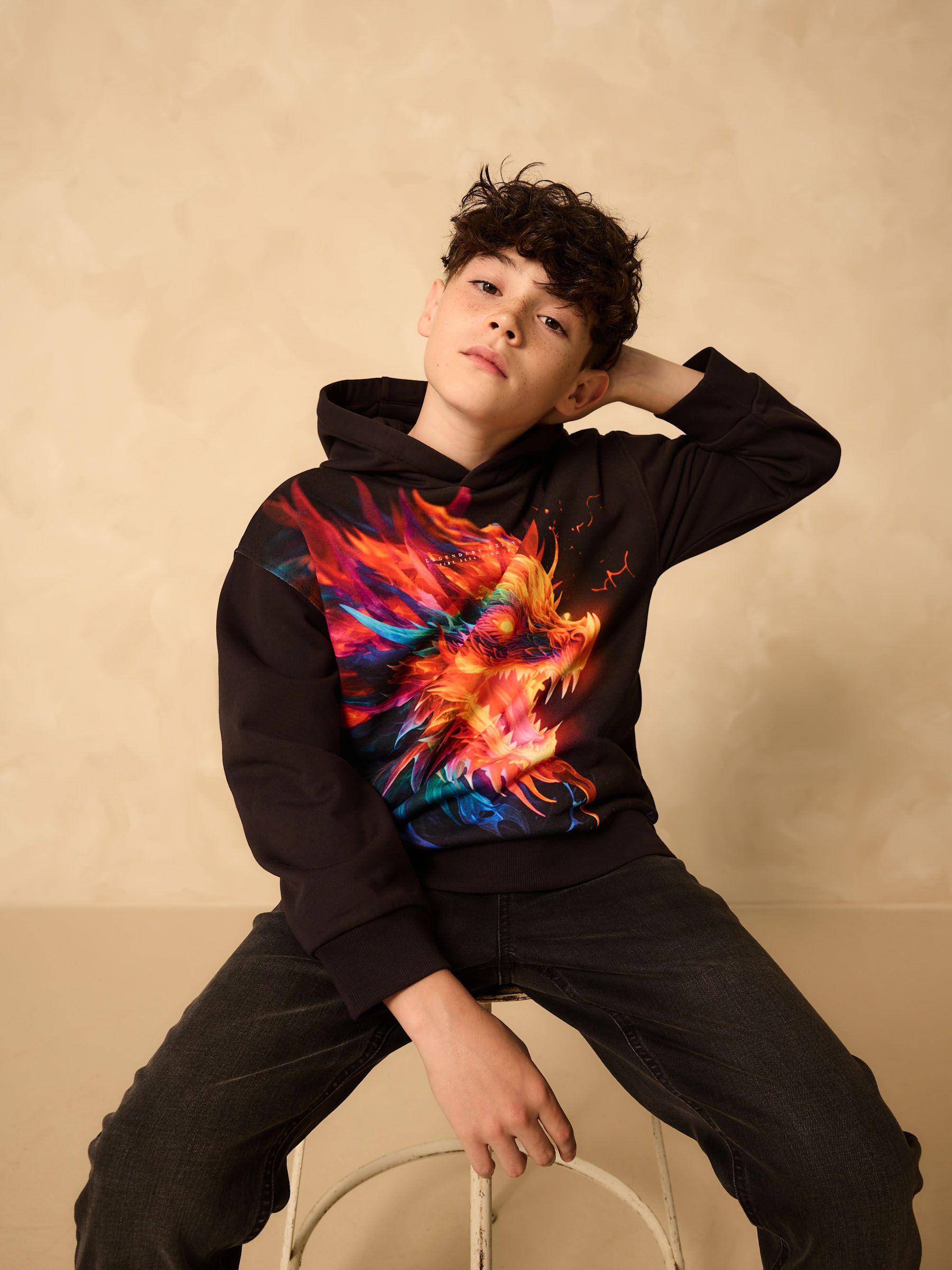 Zwart met draak - Grafische print hoodie voor oudere jongens (3-16jaar)