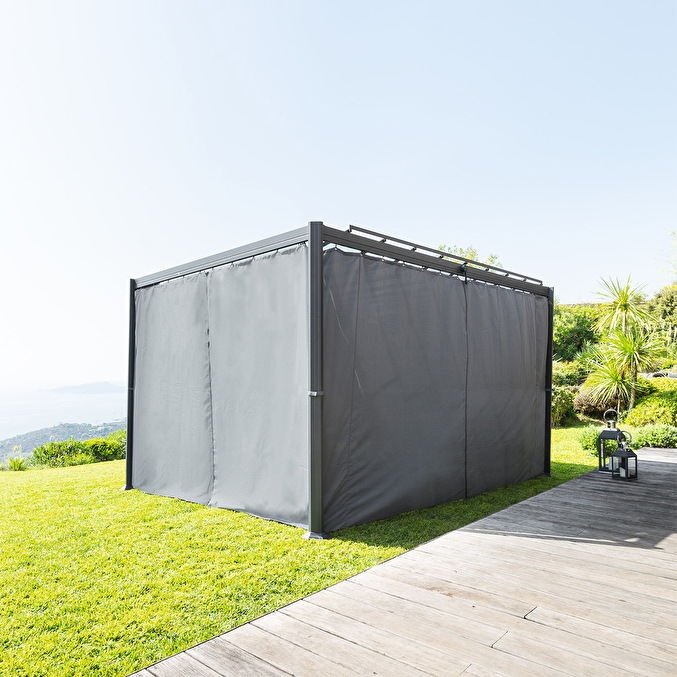 Pergola BELIZE Graphite + 1 kit de rideaux Ardoise