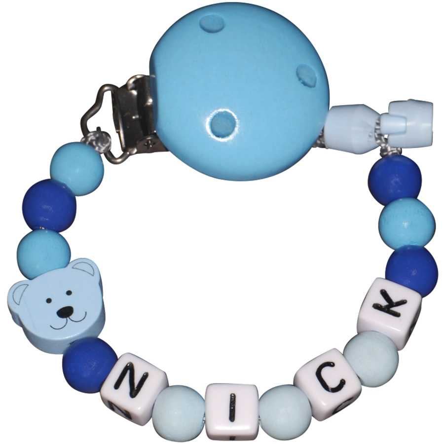 Schnullireich Schnullerkette mit Namen Kleiner Bär Blau