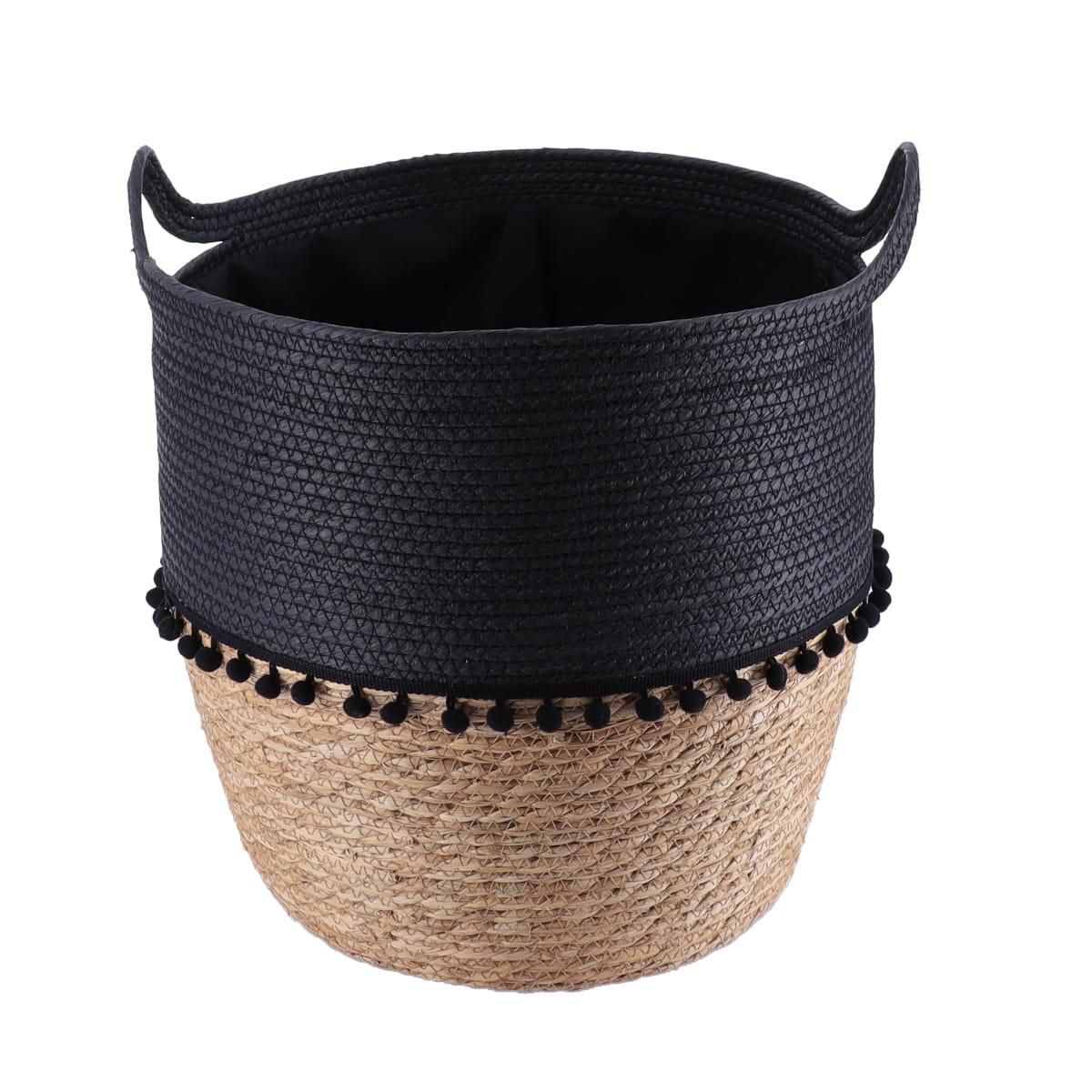 PANIERE RONDE DECO POMPONS D.42X48CM NOIR NATUREL
