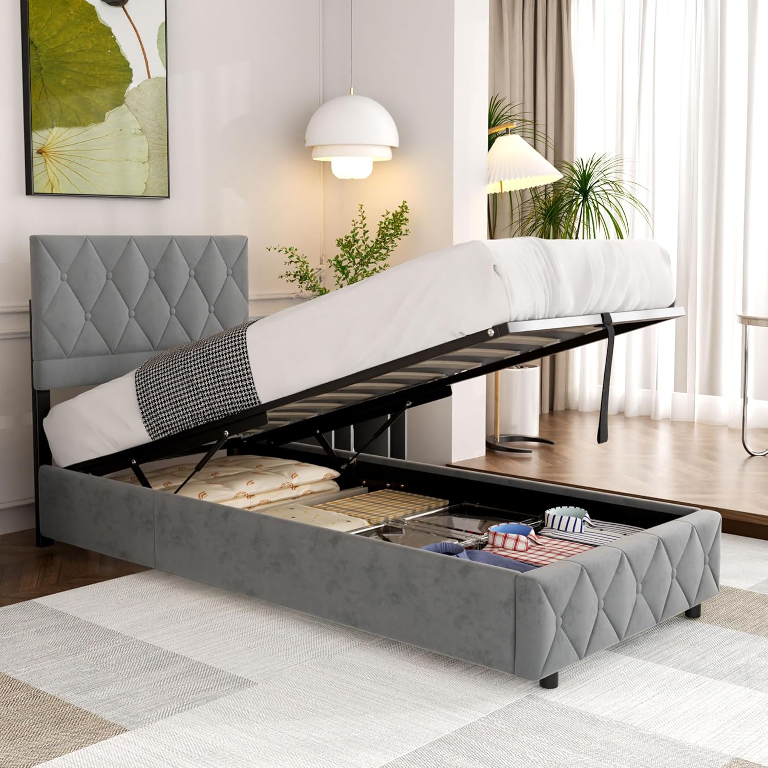 okwish Polsterbett 90x200 cm, Bett mit Stauraum, Jugendbett Hydraulisch Stauraumbett mit Bettkasten, Gepolstertes Bettgestell mit Lattenrost, Modernen Knopfnahtverzierung, Samt, Grau (Ohne Matratze)