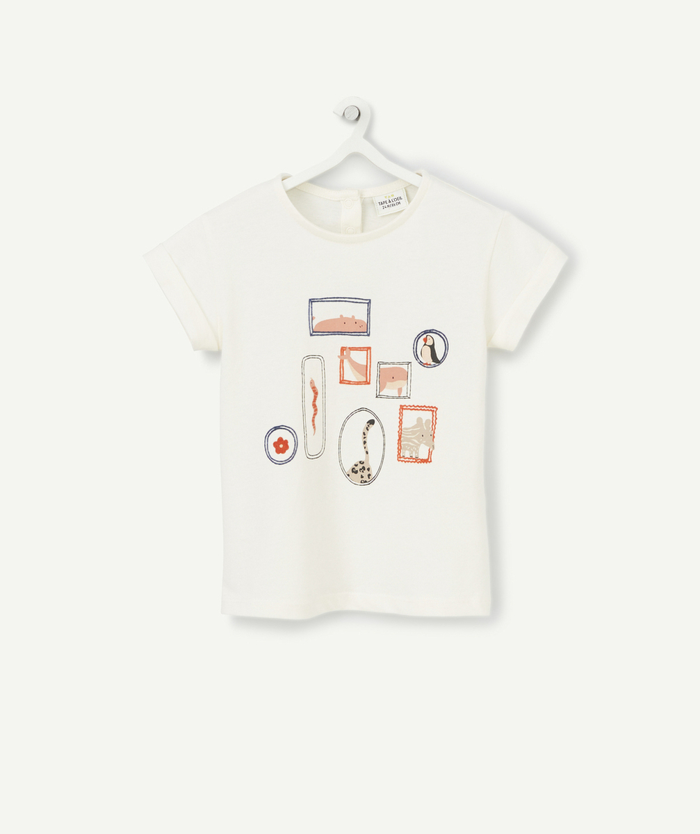 T-SHIRT BÉBÉ FILLE EN COTON BIO ÉCRU AVEC MOTIFS ANIMAUX