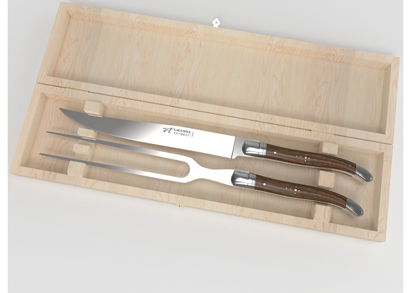 Service à viande Laguiole avec un manche en bois de noyer et mitres en acier inoxydable