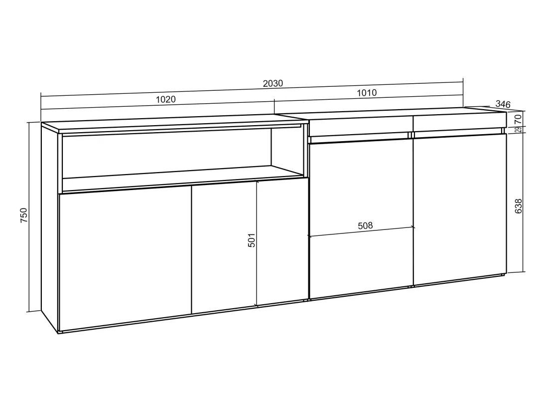 Buffet salon et cuisine, 200x75x35cm, 4 Portes, Noir