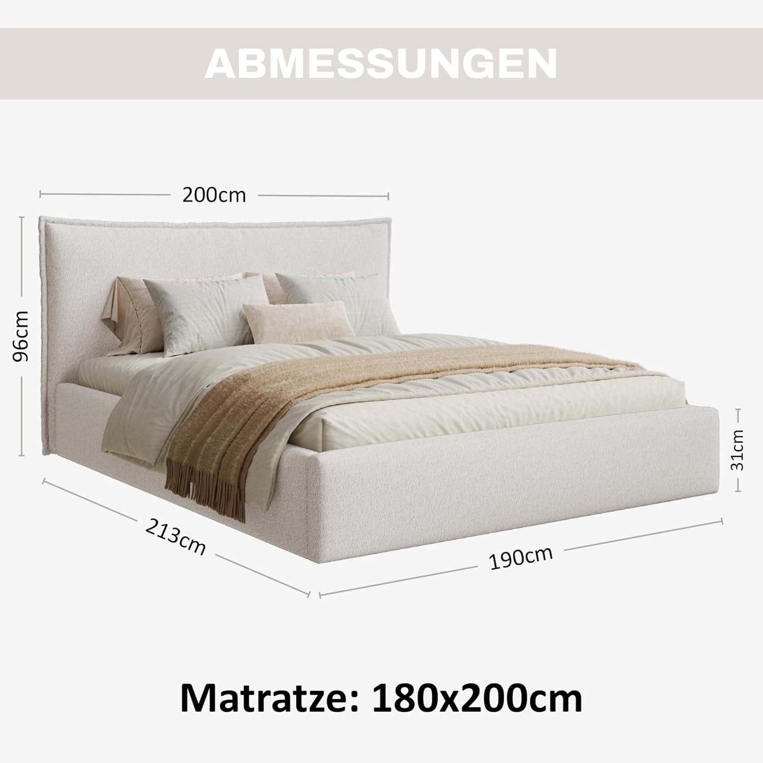 Leno Bett 180x200 Weiß Boucle, mit Stauraum, mit Kopfteil, mit Lattenrost, ohne Füße, ohne Matratze, Polsterbett 180x200 mit Bettkasten Weiß (Milch)