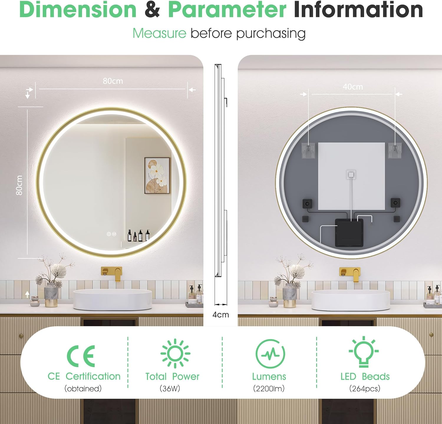 S'bagno Badspiegel mit Beleuchtung 80cm, Spiegel Rund mit Beleuchtung mit Aluminiumrahmen, Entfoggen, 3000-6500K, HD-Gehärtetes Glas, IP44 Bad Spiegel mit Licht Memory-Funktion, Gold