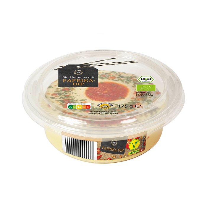 WONNEMEYER Bio-Hummus mit Topping 175 g, mit Paprika-Dip
