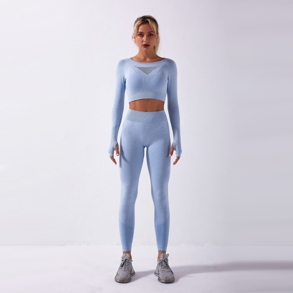 (Gr. S) Elastisches Sport Crop Top Bauchfreies Langarm Shirt Yoga Oberteil - Hellblau