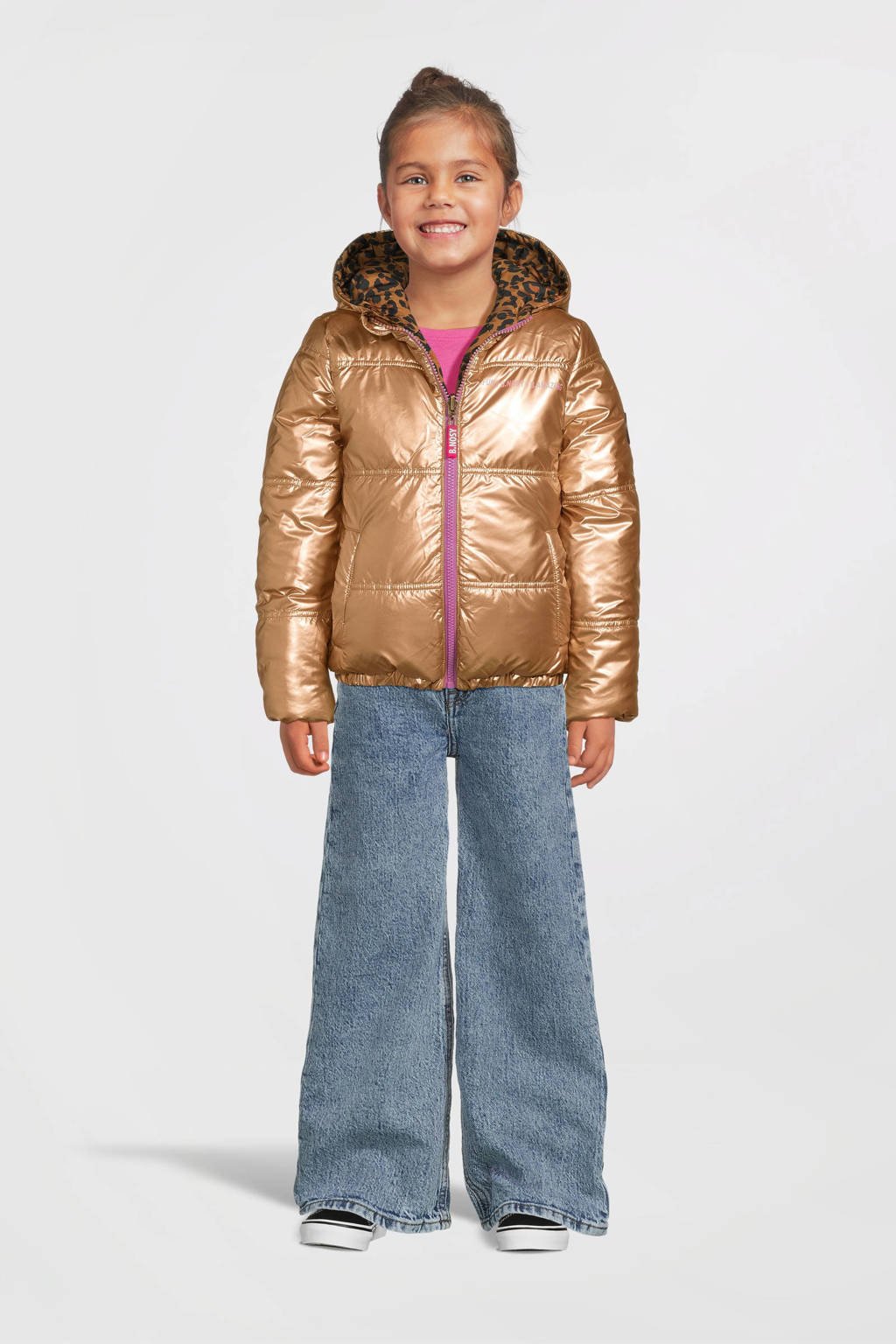 B.Nosy reversible gewatteerde winterjas Jacky met panterprint goud/bruin