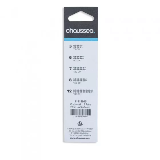 Lacets cordonnet 75 cm blancs CHAUSSEA