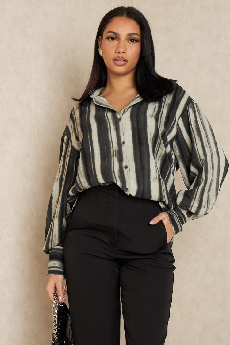 Chemise à rayure bicolore noire et beige