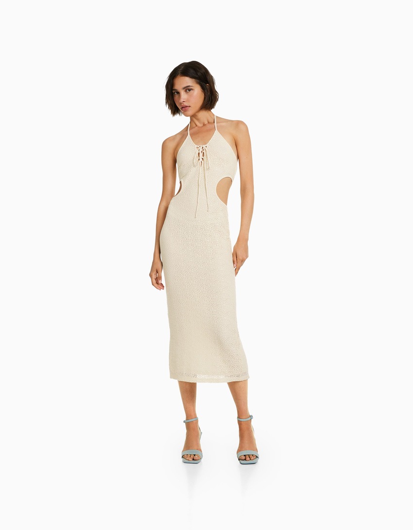 Vestido midi rústico sem mangas com amarração