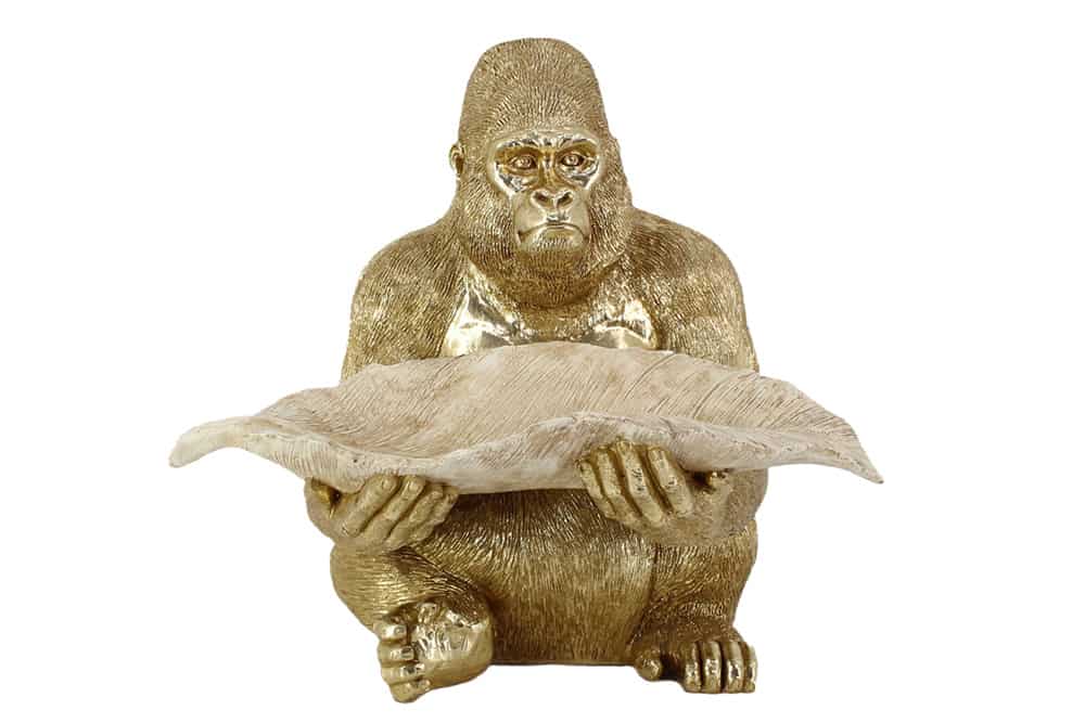 Deko-Figur GORILLA 40cm gold beige handmade mit Schale im Blatt-Design