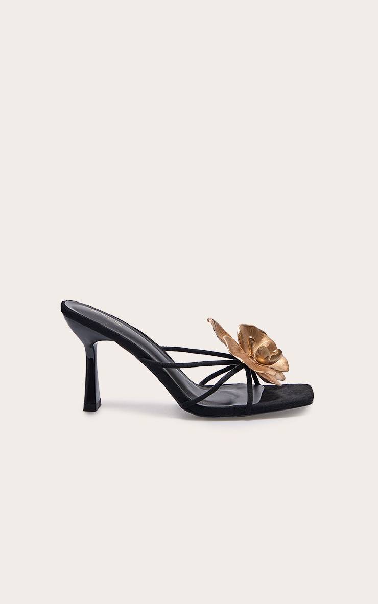 Noir Mules À Talons En Synthétique Bout Carré Avec Détail Floral Doré