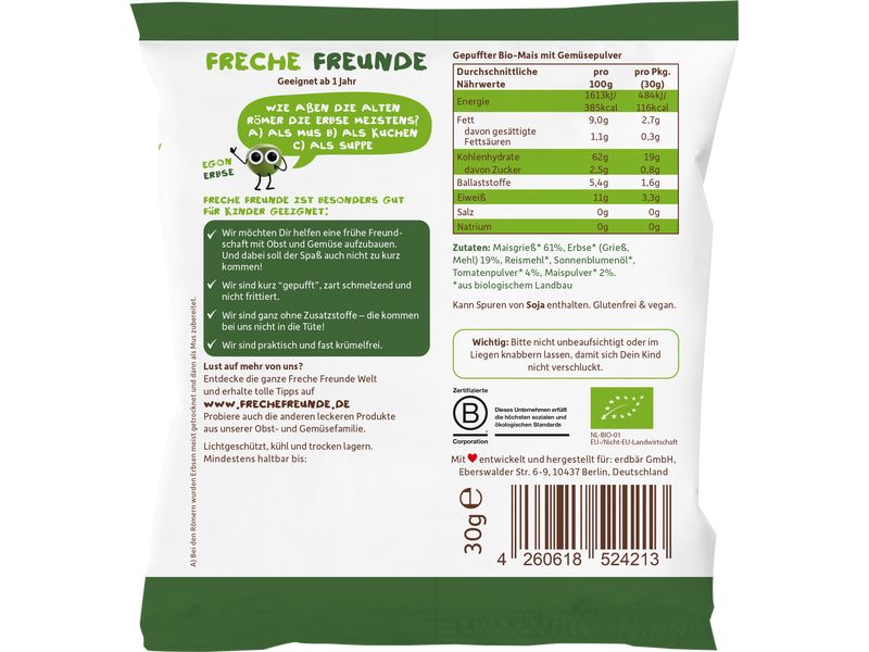 Freche Freunde Knabberspass Knusper-Sticks Dreierlei Gemüse Gepuffter Bio-Mais mit Gemüsepulver