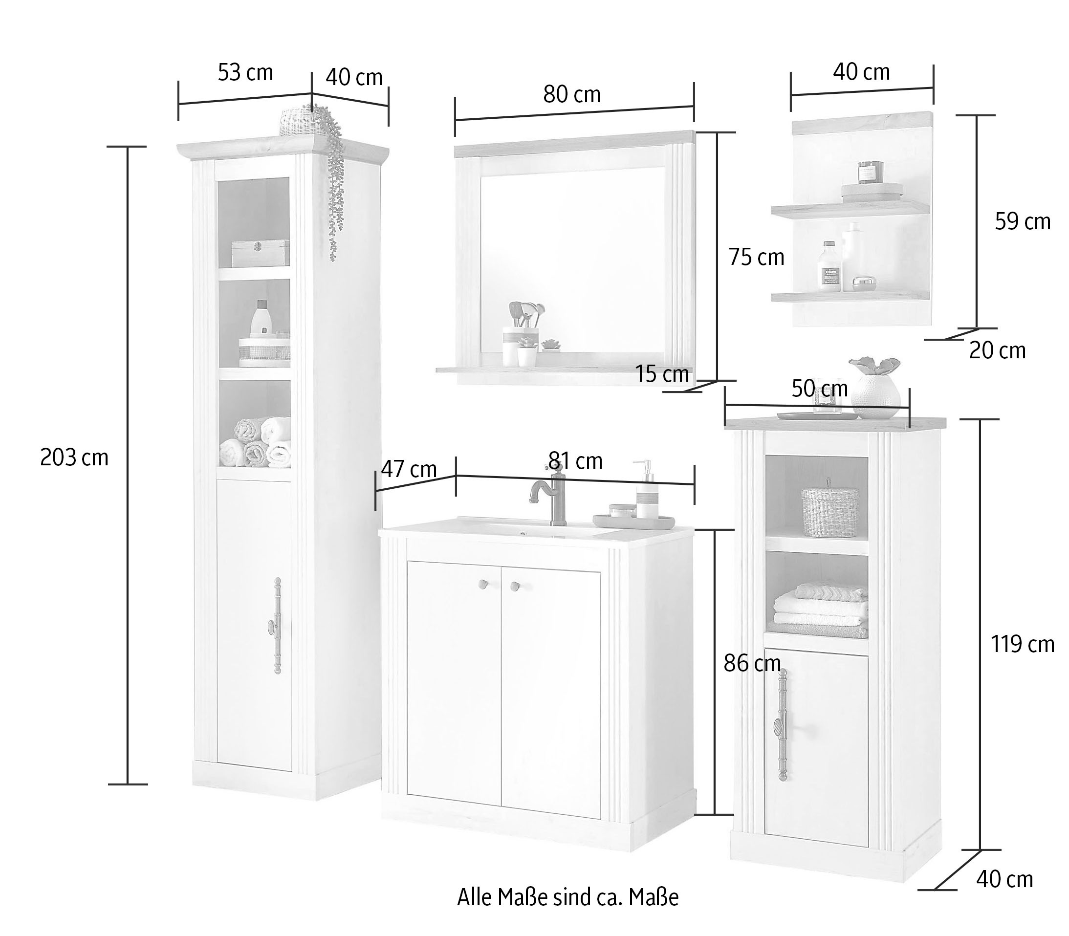 Home affaire Badmöbel-Set »WESTMINSTER, Bad im Landhausstil, 5-teiliges Badezimmer« 5 Stk. tlg.