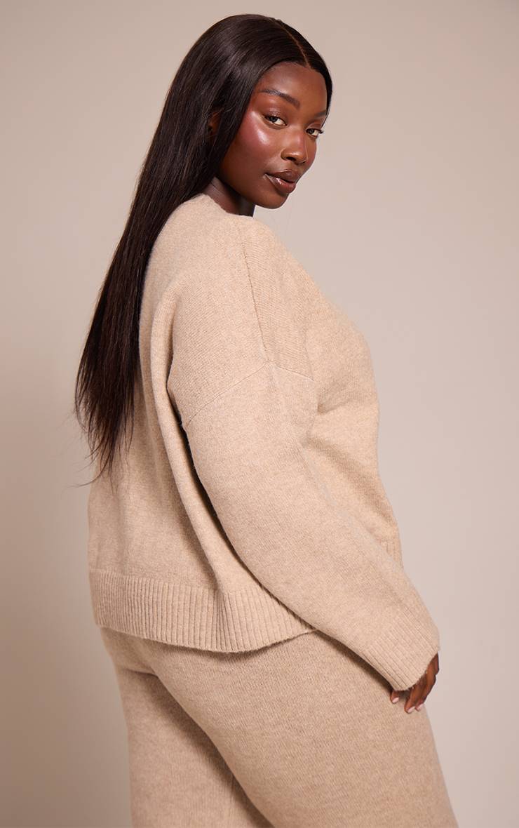 Taupe Synthétiquell Court Col Rond En Maille Chinée Plus