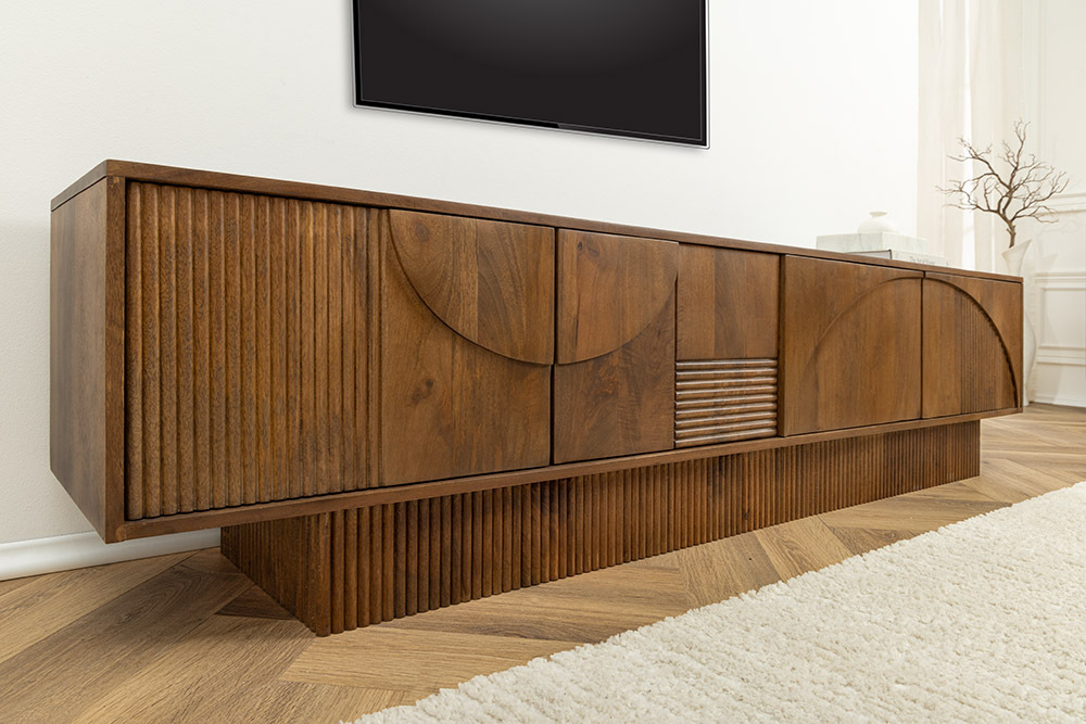 Massivholz TV-Lowboard ART DECO 200cm braun smoked Mangoholz 3D-Front