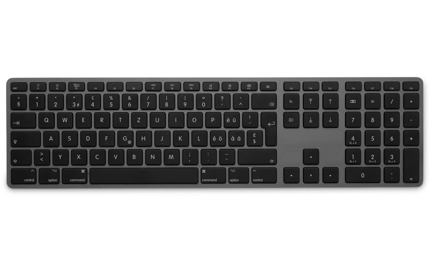 Tastatur WKB-1243 BT Grau, CH-Layout mit ZiffernblockElegante Tastatur mit Mehrfachkopplung und Aluminiumcover