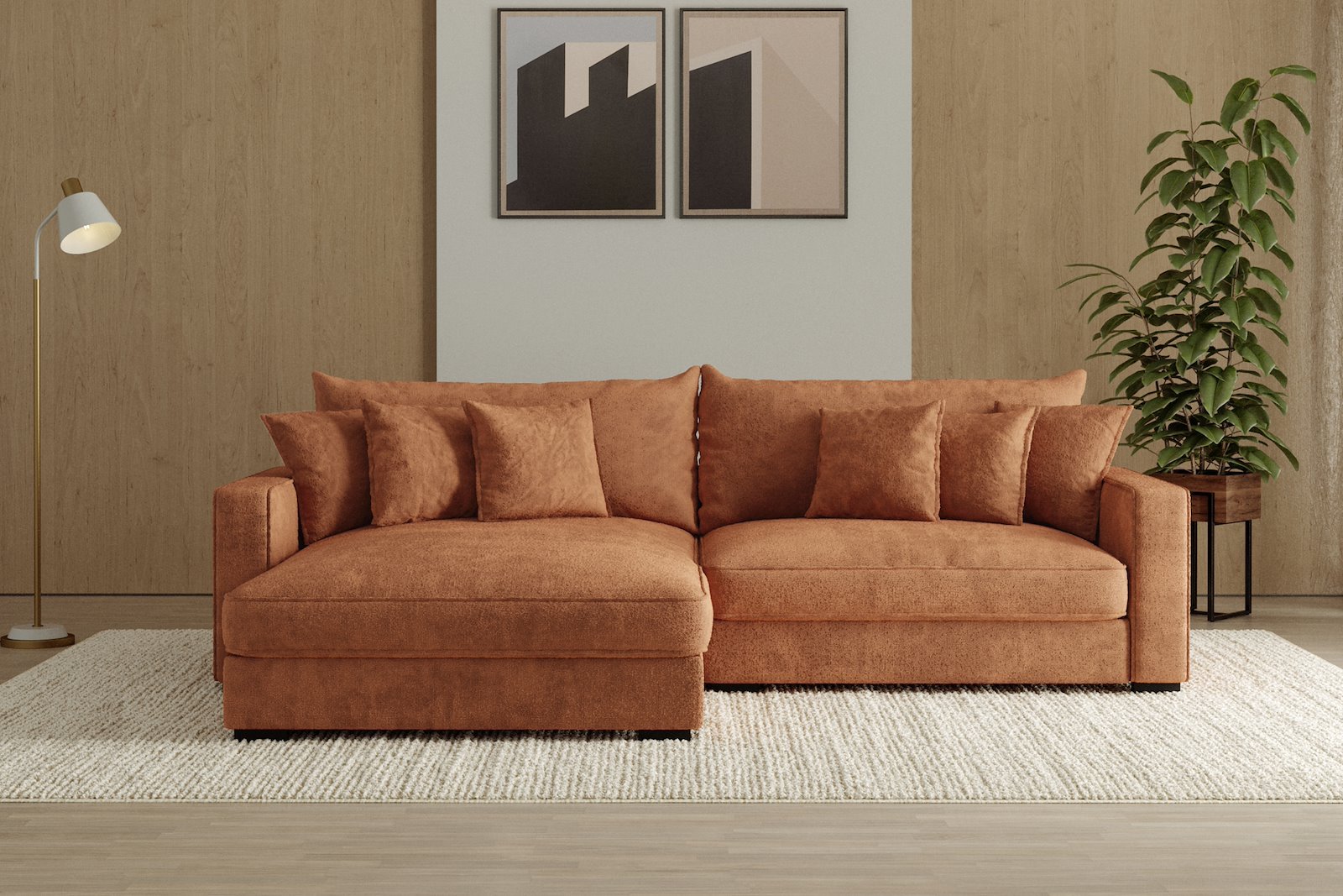 Rossi 2-seter med XL sjeselong venstre Tekstil Genesis 9 Deep Terra, arm B med sorte ben. Std. Komfort.