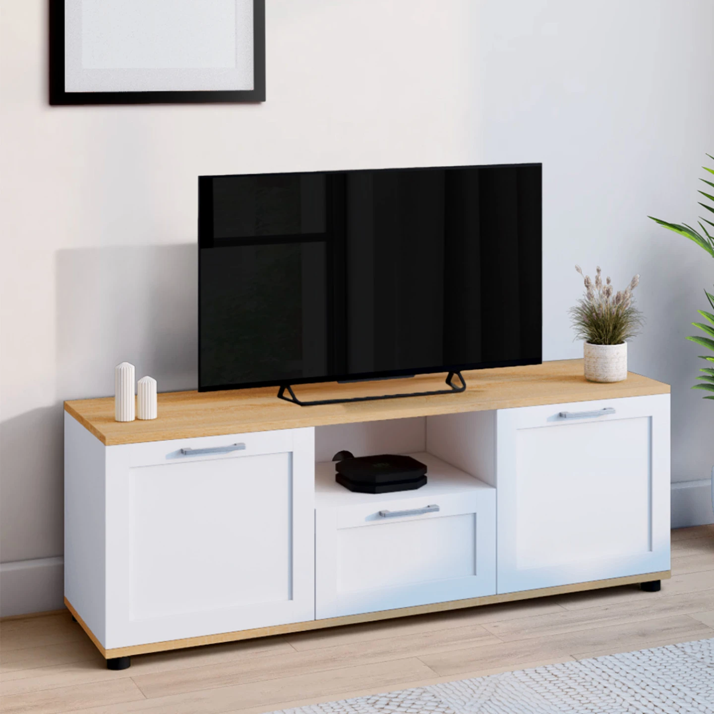 Meuble TV 110 cm VITO avec tiroir et niche blanc et bois