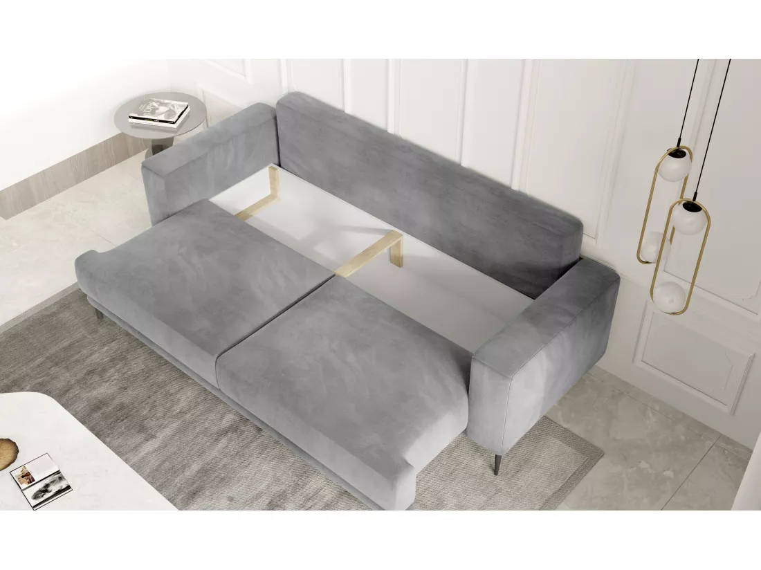 Canapé convertible design 4 places tissu vintage effet cuir beige et pieds métal noir Arkia 260cm