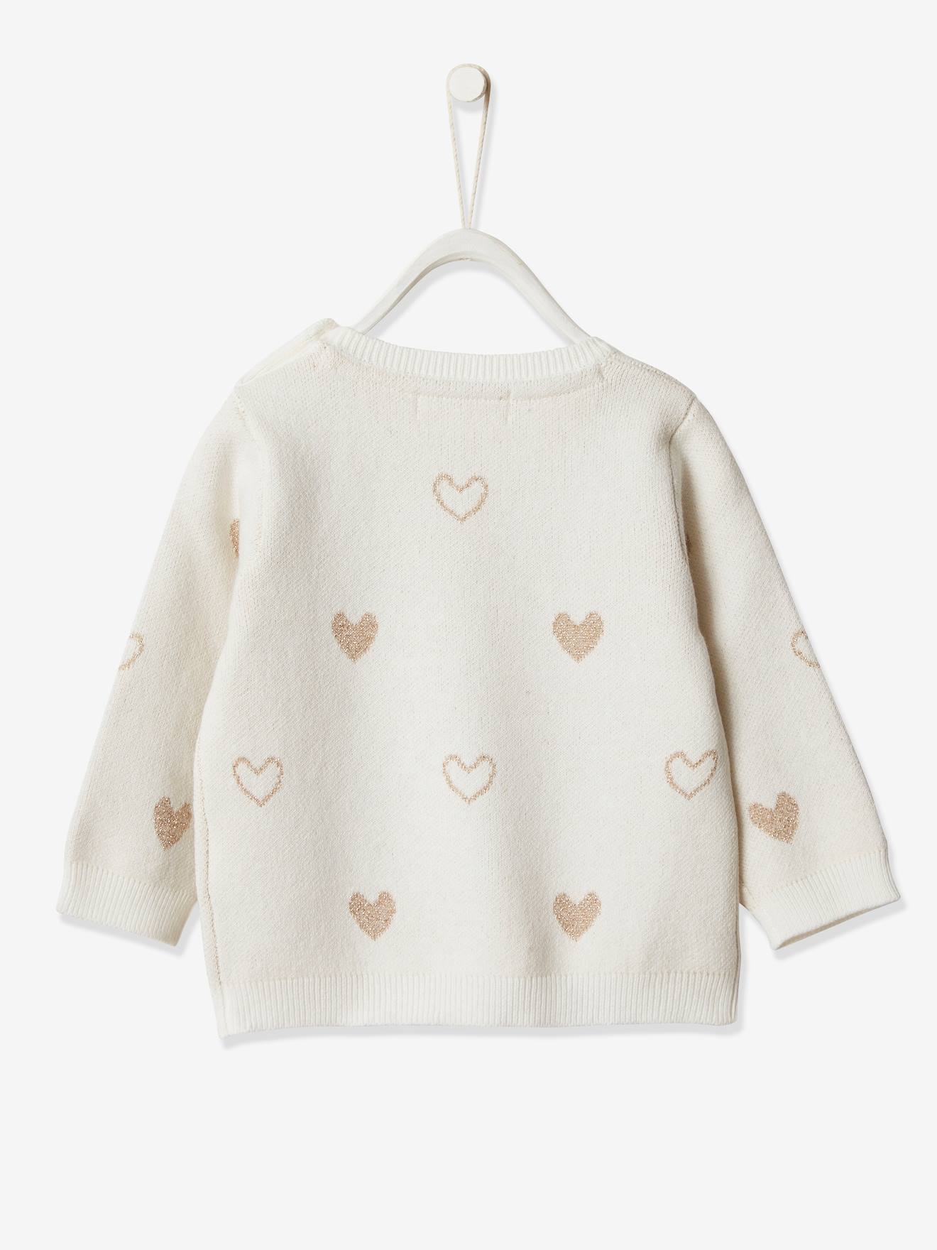 Suéter jacquard com corações para bebê menina, branco claro liso com estampas.