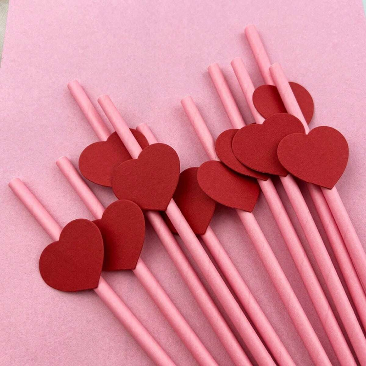 (100er Set) 20cm Papier Strohhalm Einweg Trinkhalm für Hochzeit / Valentinstag / Muttertag - Herz