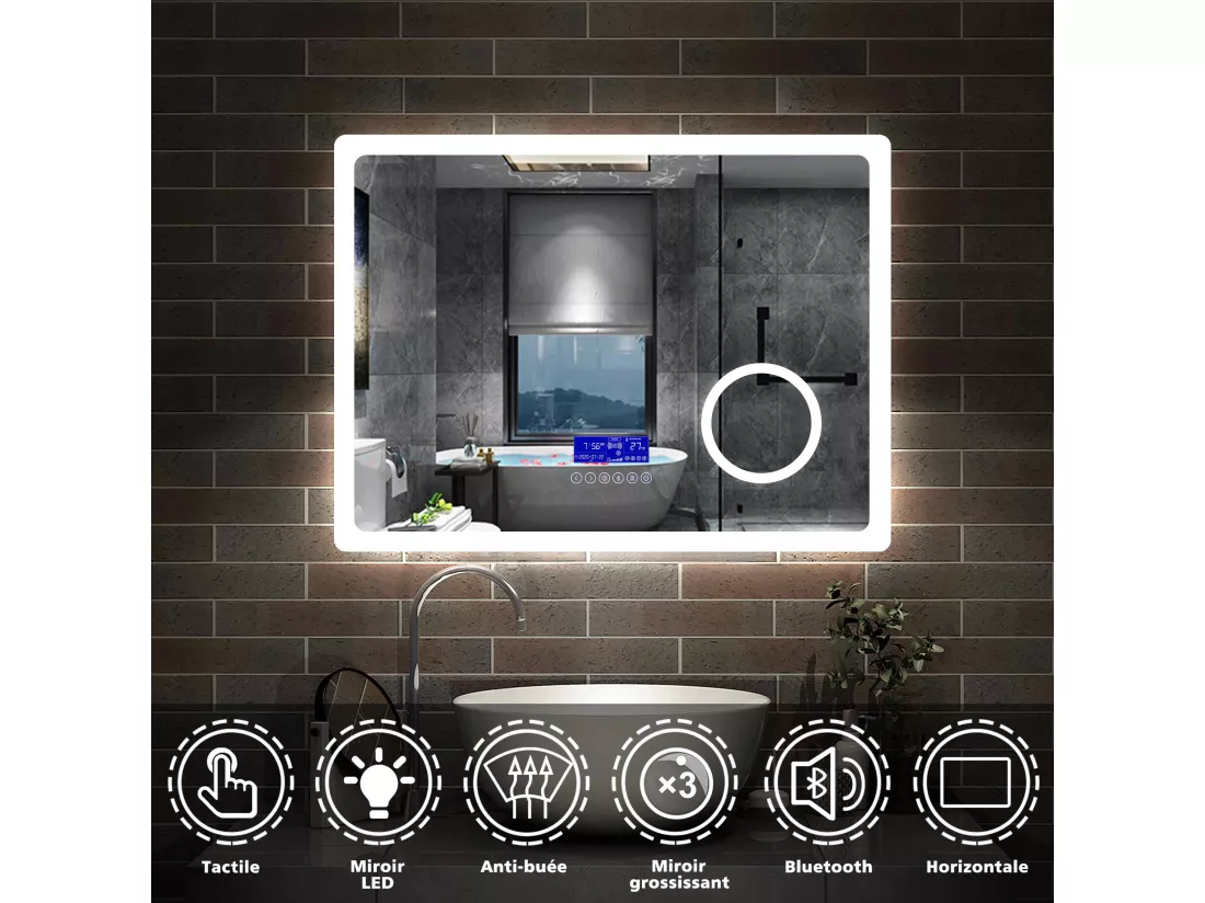 Miroir salle de bain 80x60cm LED réglable+antibuée+Bluetooth+Horloge+grossissant Aica