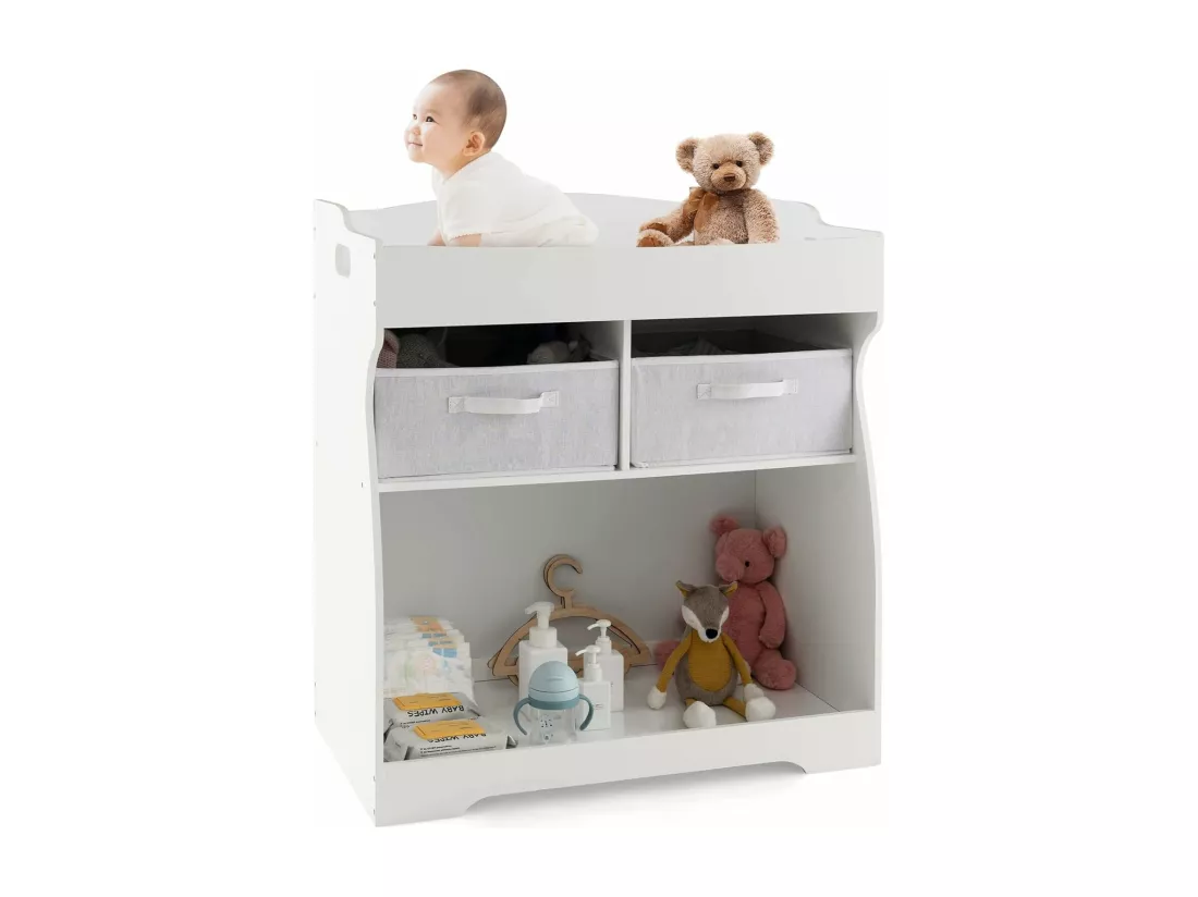 Table à Langer avec 2 Tiroirs et Grand Bac de Rangement Charge 15 KG, Commode à Langer avec Matelas à Langer Imperméable et Ceinture de Sécurité, pour Nouveau-né, Blanc