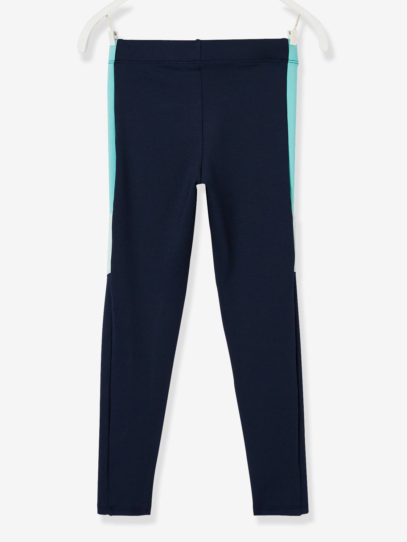 Leggings infantis coloridas com faixas, azul escuro liso com estampas.