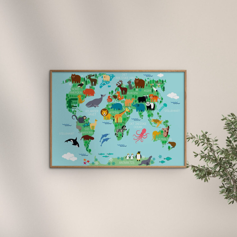 Køb Poster & Frame Citatplakat - Verdenskort Plakat Med Dyr Til Børn