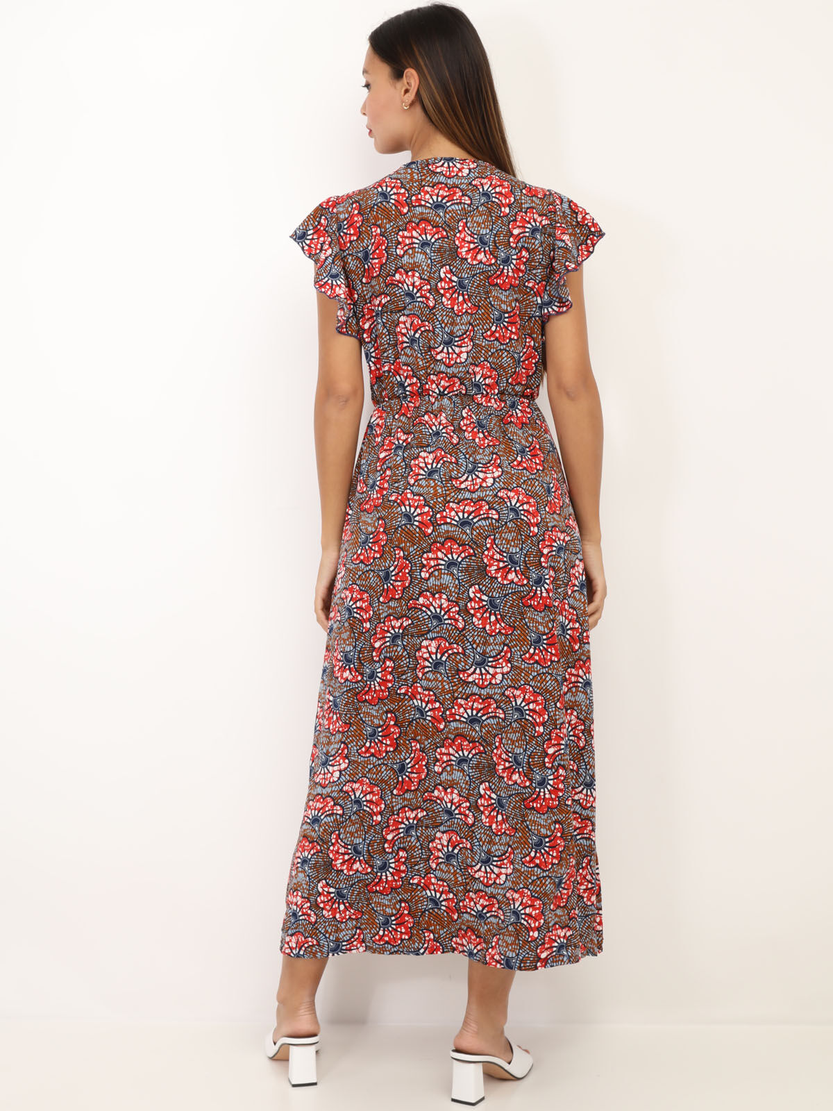 Robe fendue à fleurs style wax- Marron