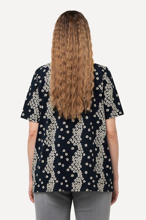 T-Shirt, Blüten, Zierfalten, V-Ausschnitt, Halbarm