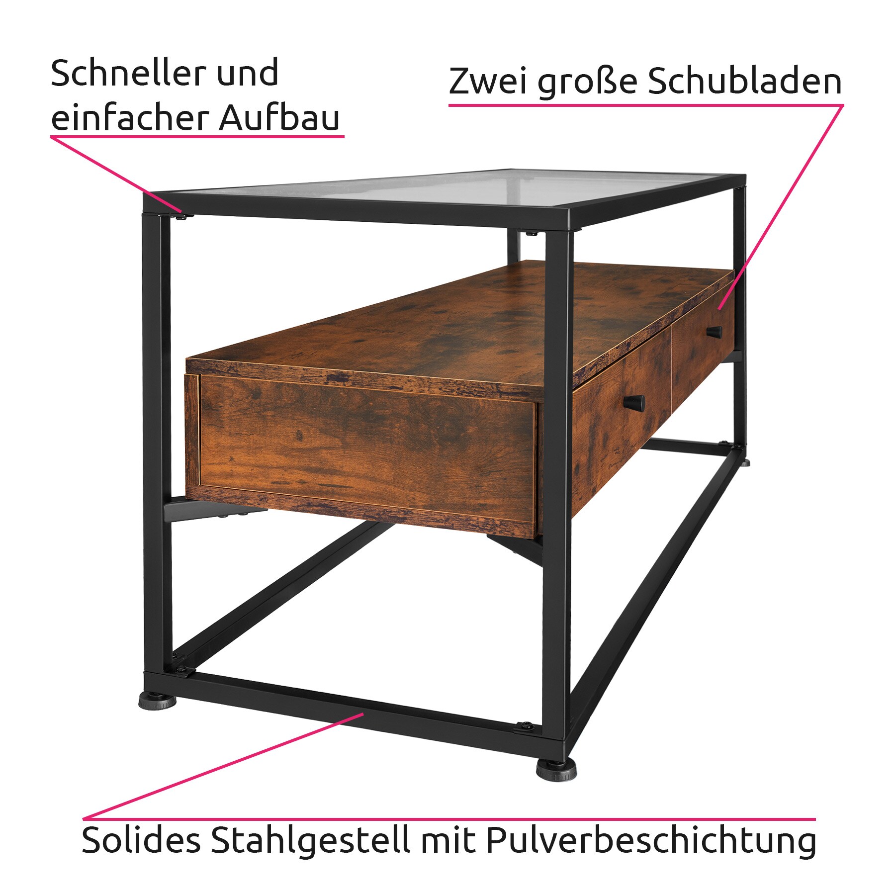 tectake® Sideboard, Industrial Style, Platte aus Sicherheitsglas, 2 große Schubladen, 121,5 x 41,5 x 50,5 cm