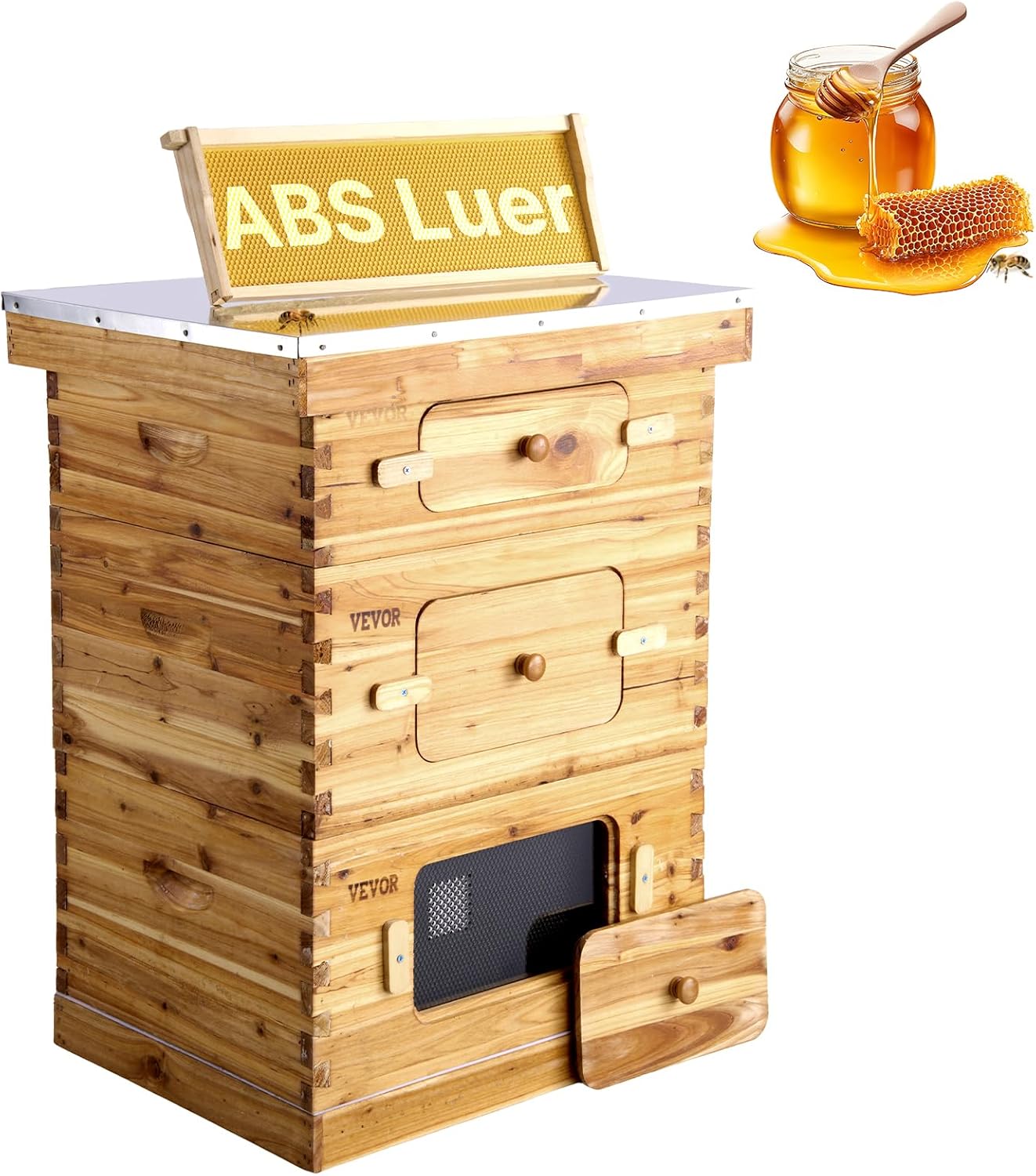 VEVOR Bienenstock, Zander Beute für 30 Rahmen, mit Bienenwachs beschichtetes Tannenholz, 2 Tiefe + 1 mittelgroßer Bienenkasten, Langstroth-Bienenstock-Set, transparente Acrylfenster mit Fundamenten
