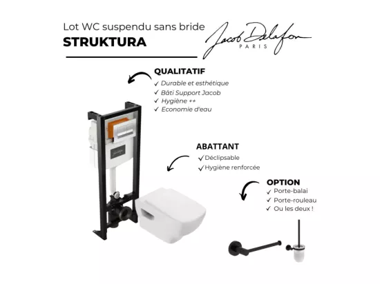 Pack WC suspendu sans bride JACOB DELAFON Struktura+ bâti-support + plaque Chrome brillant/Chrome mat + accessoires