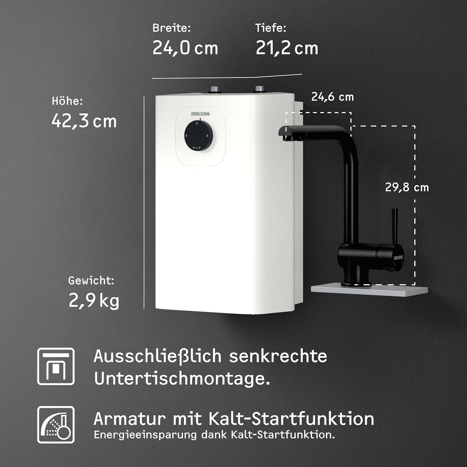 STIEBEL ELTRON Kleinspeicher SNU 5 Plus mit Wasserhahn matt-schwarz MAE-B (Armatur Küche), sehr kompakt, antitropf-/thermostop-Funktion, Untertischboiler 5 Liter Niederdruck mit Stecker, 2 kW, 208119