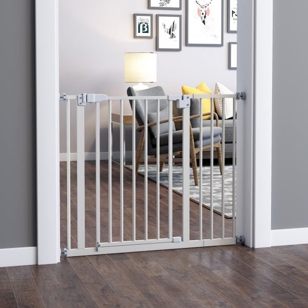 Pawhut Barreira Metálica de Segurança com Extensões de 17,5 cm Sistema de Fechamento Automático 74,5-84,5x76,2 cm Branco